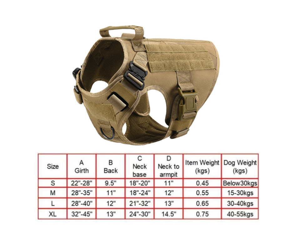 Tan dog harness with size chart on a white background