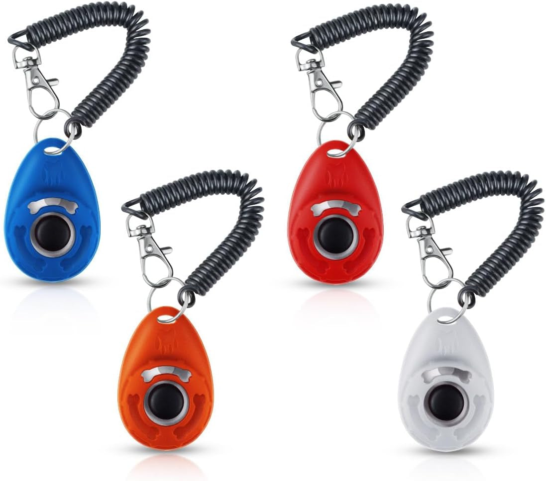 4 Pieces Pet Training Clicker with Wrist Strap and Dog Training Treat Pouch Pet Training Clicker for Training Puppy Cats Birds Dog Clicker Training Kit Behavioral (White, Red, Orange, Blue)