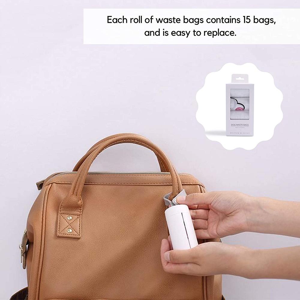 Person attaching a white waste bag dispenser onto a brown bag with text about waste bag roll count on a light purple background.