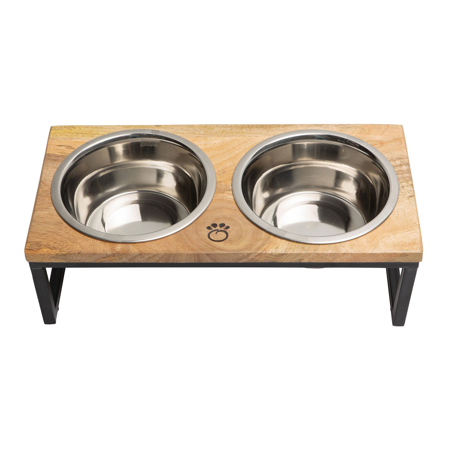 Wooden pet feeder with two stainless steel bowls on a white background