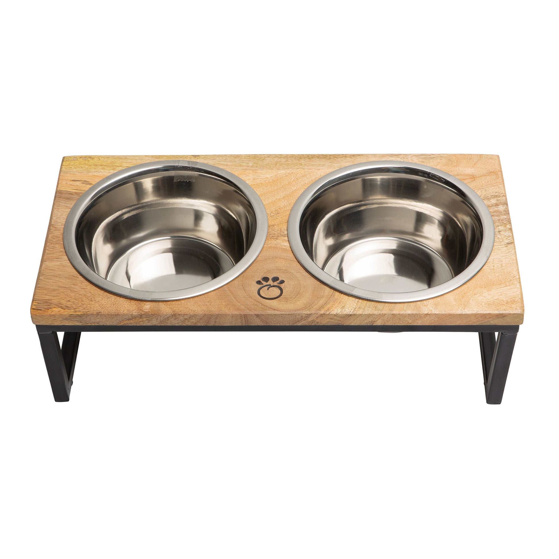 Wooden pet feeder with two stainless steel bowls on a white background
