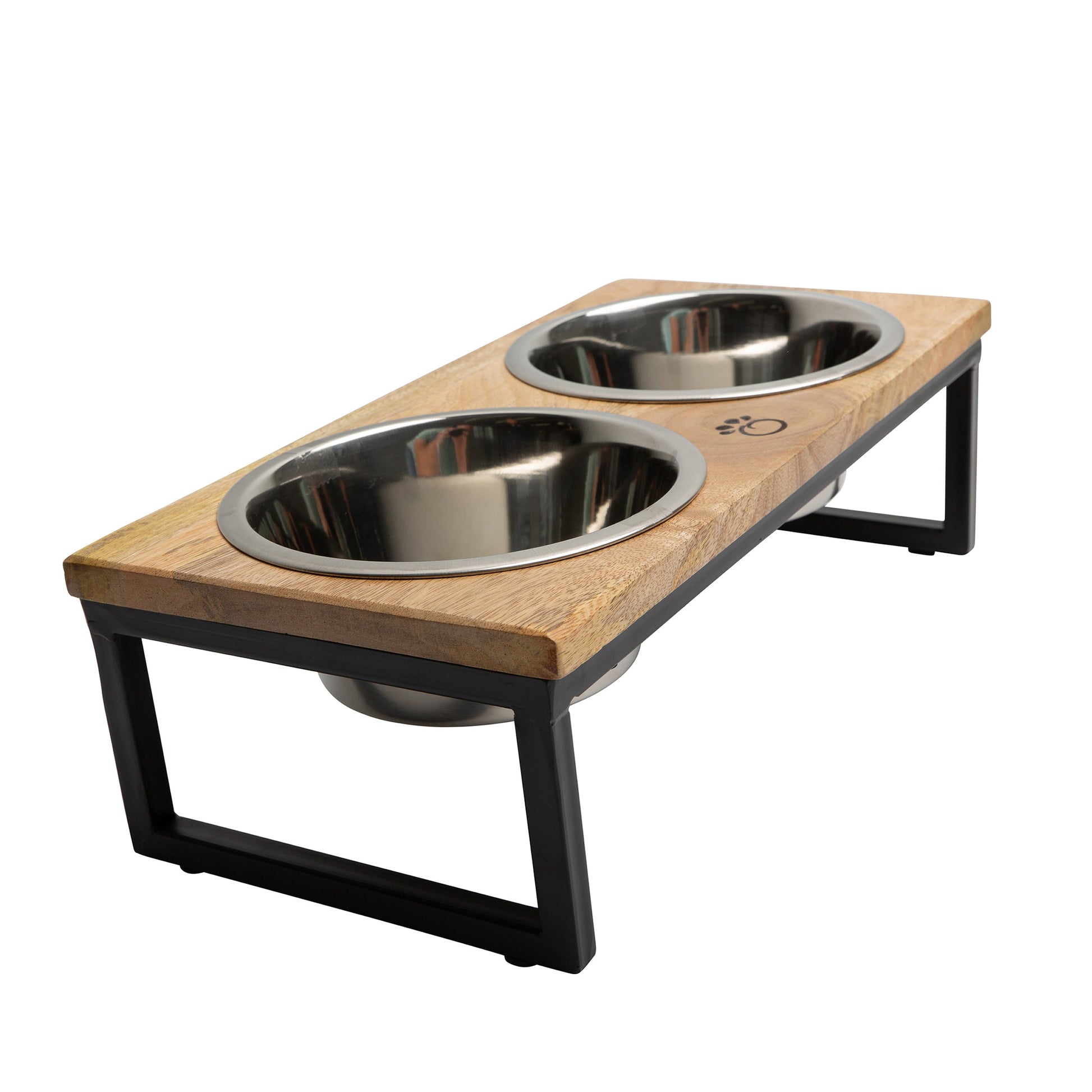 Wooden pet feeder with two metal bowls on a white background