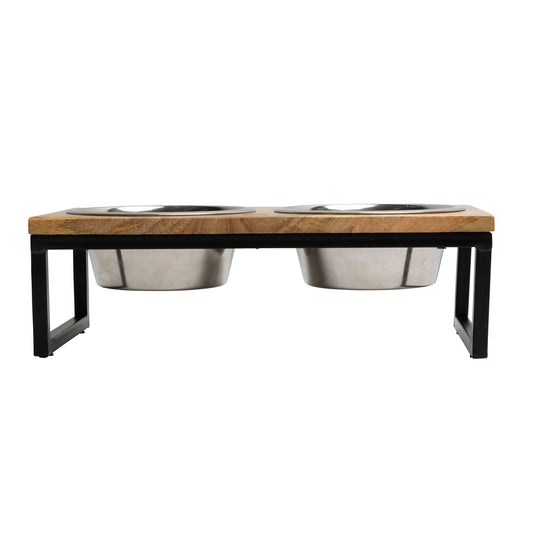 Pet feeding station with wooden top and metal bowls on a white background