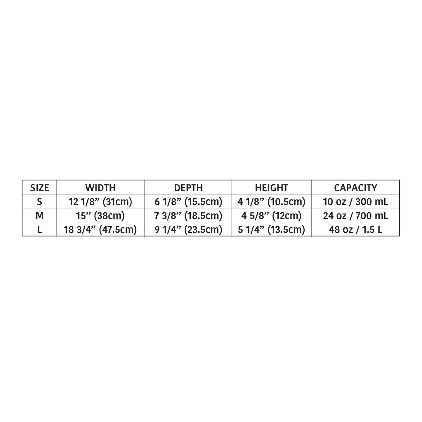 Table with dimensions and capacity details for different sizes of containers.