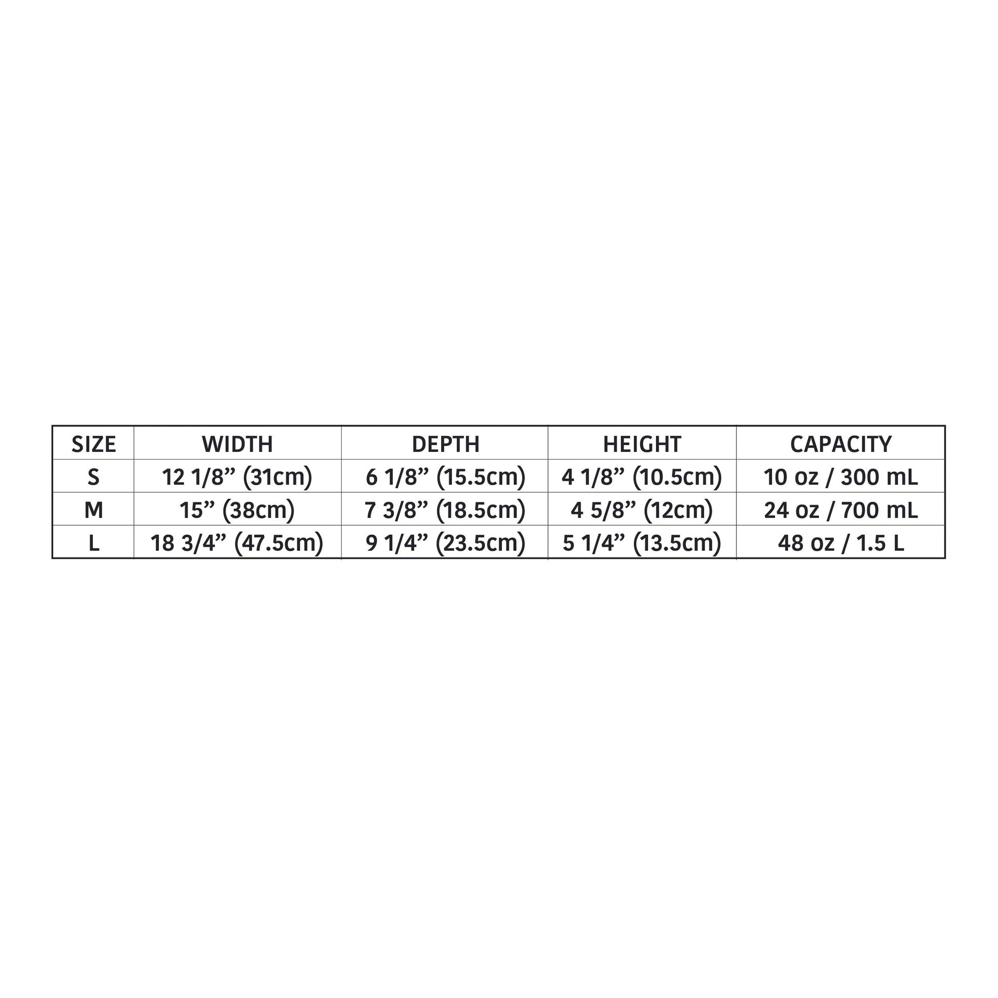 Table with dimensions and capacity details for different sizes of containers.