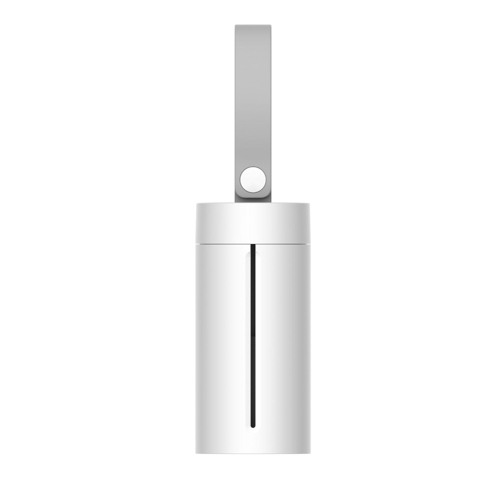 Metallic cylindrical object with a handle on a white background