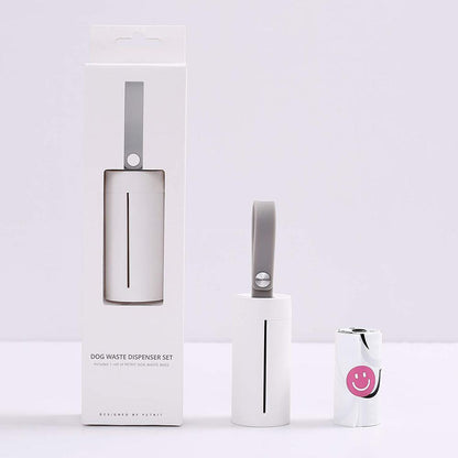 Dog waste dispenser set with packaging on a white background