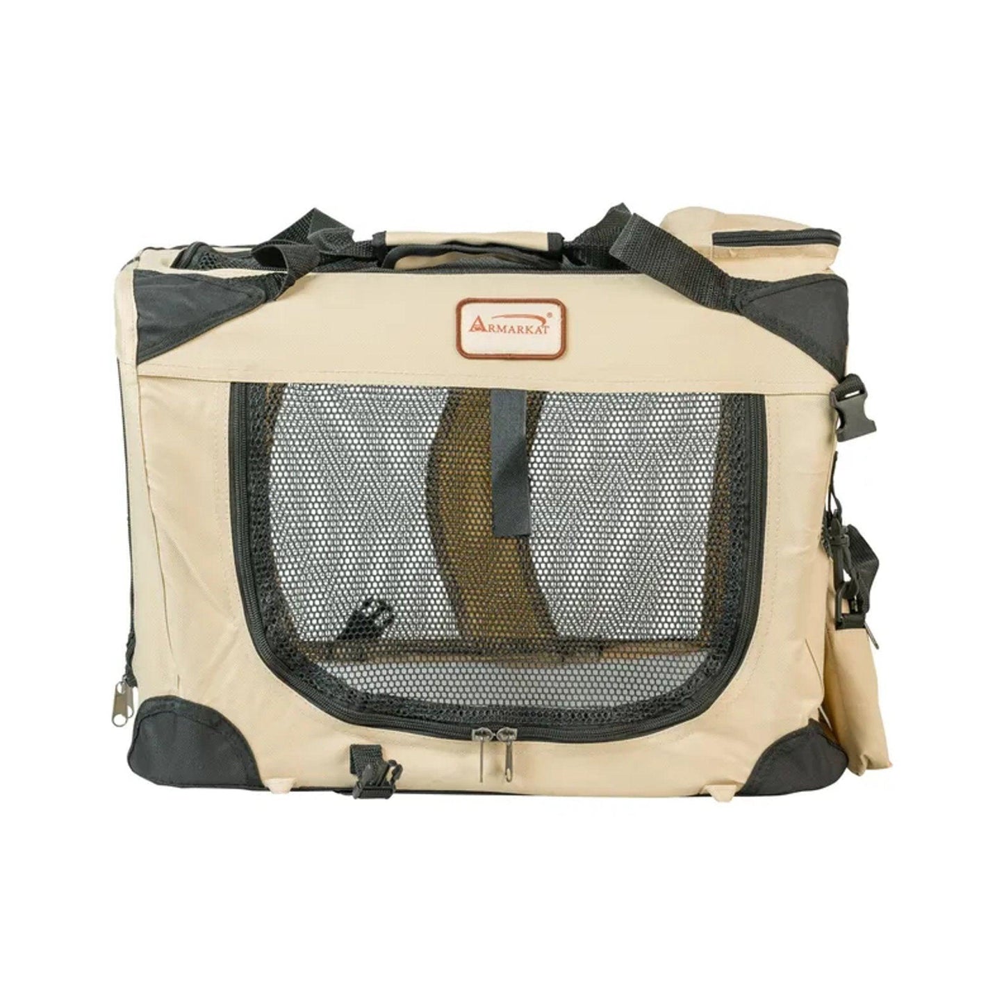 Beige and black pet carrier with mesh door on a white background