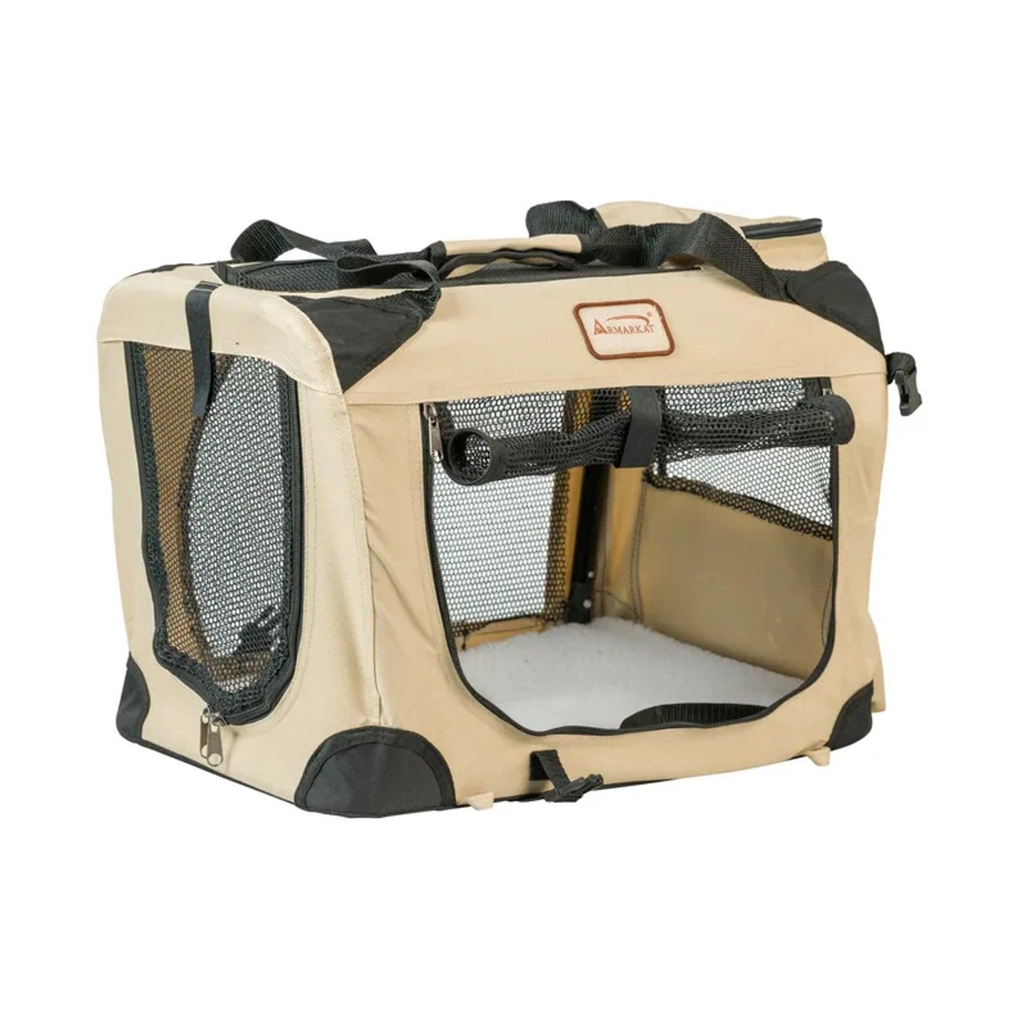 Beige pet carrier with black mesh sides on a white background