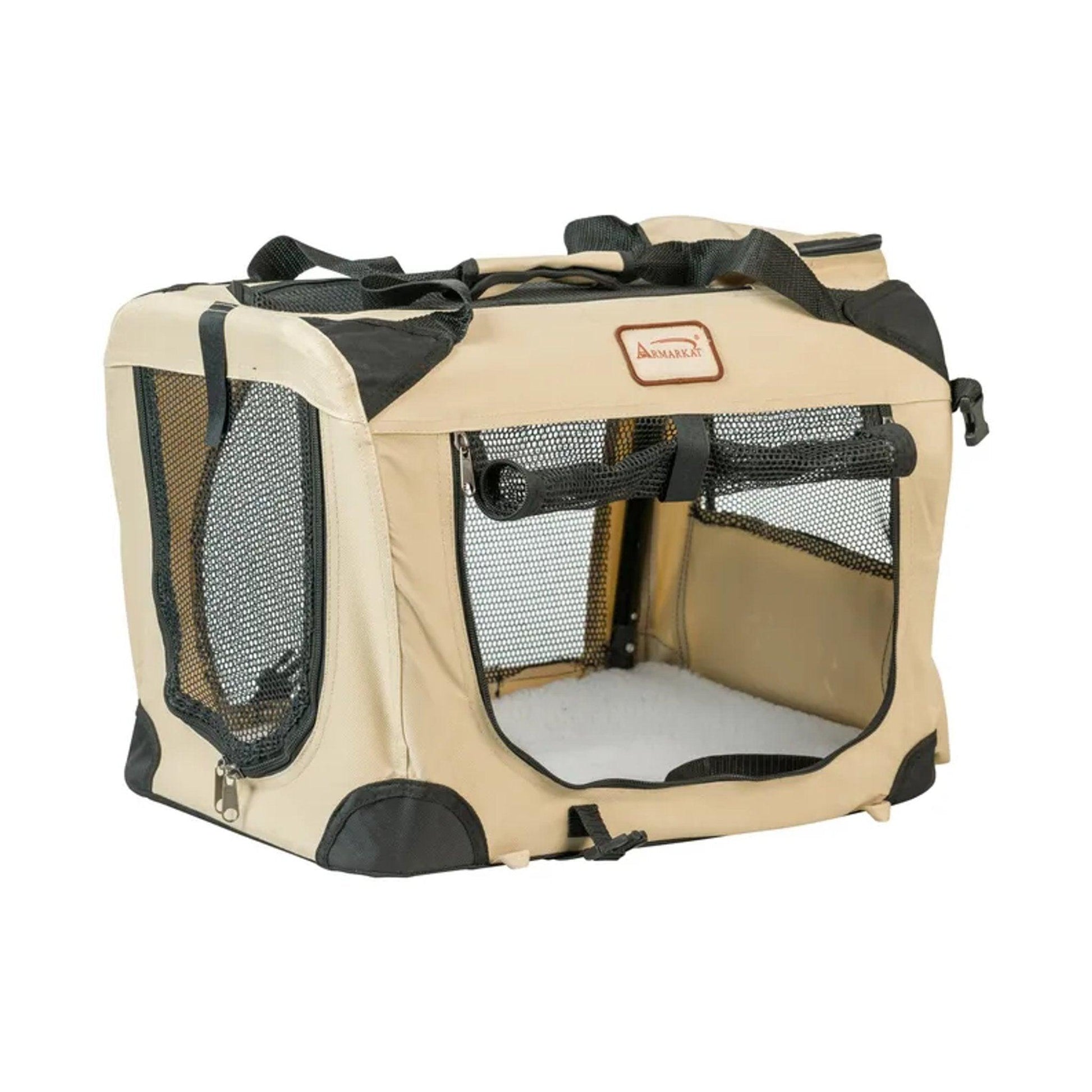 Beige pet carrier with black mesh sides on a white background