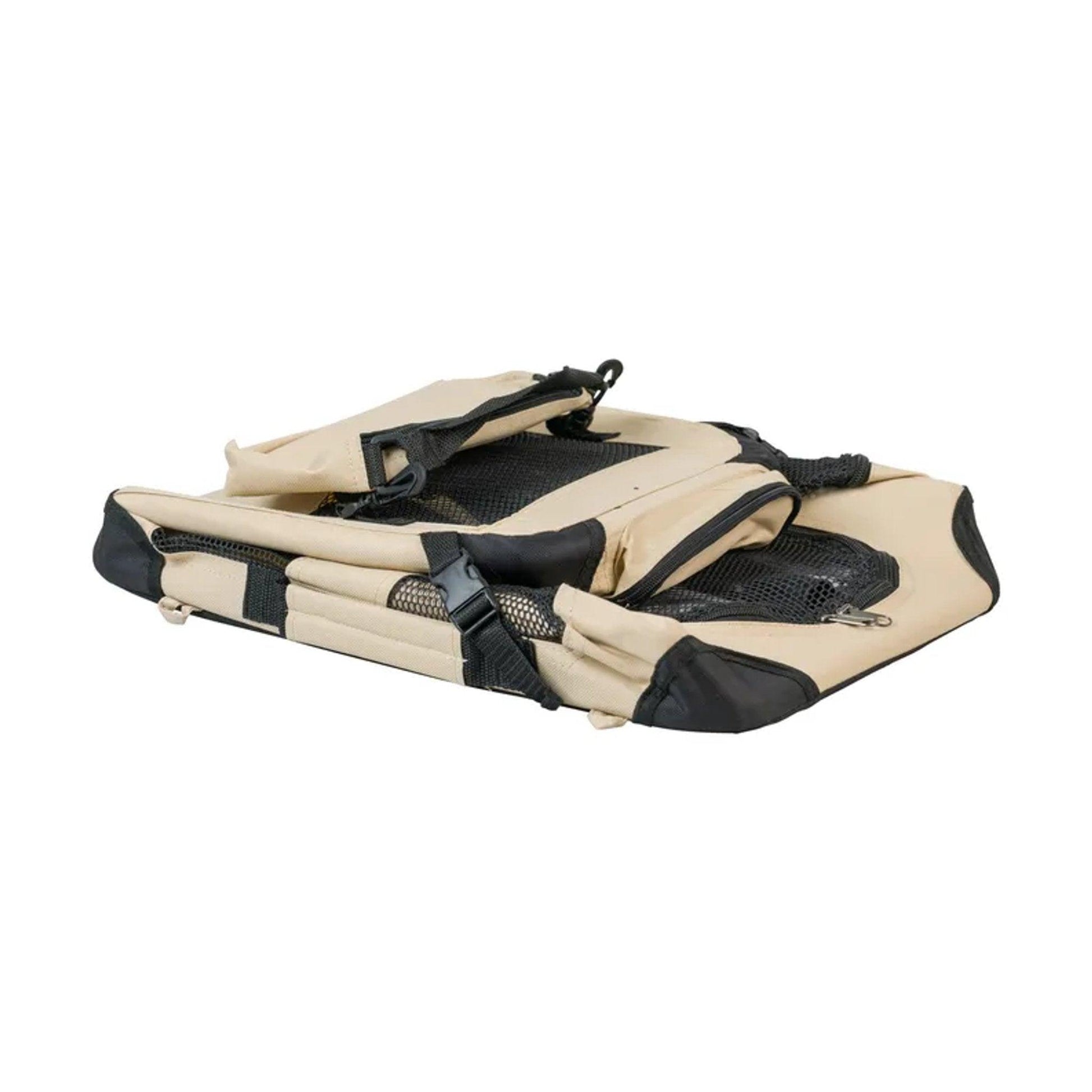 Beige and black travel carrier folded flat on a white background